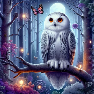 a white owl with large orange eyes as the central focus, perched...