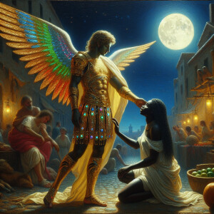 Create an oil painting image featuring a male angel and a grievi...