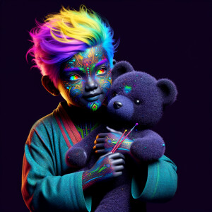 A 3D Surreal demonic girl style hug dark teddy using rainbow h...