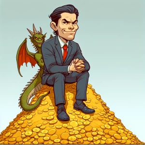 Elon Musk on a mountain of gold hoarding it like a dragon