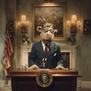 ALF Gordon Shumway dressed in a presidential suit, standing behi...