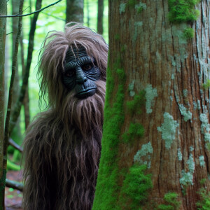 A dark faced humanoid looking hair covered sasquatch with a poin...