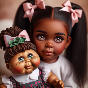 African-American girl with huge Hazel Brown eyes and long, black ponytails with Bows playing with African-American, cabbage Patch doll with huge dimples and freckles