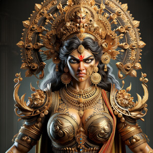 Waist up portrait of angry goddess durga with athletic body, big breasts, wearing gold jewelry all over body, huge gold crown, red saree, gold armor, ultra detailed face, UHD, 8K, photography