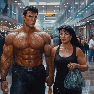 Hyperrealism art,A muscular man, glistening with sweat, walks wi...