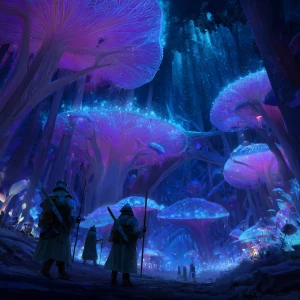 A wide cinematic view of a colossal bioluminescent alien forest...