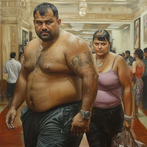 realistic painting.A sweaty beefy man walking with his 54 year o...