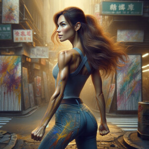 Athletic Thin skinny Attractive, Asian teenage girl, long brown hair and bangs, wearing tight skinny jeans and a halter top paint marks on her clothing, heroic pose Asian graffiti background, backside view