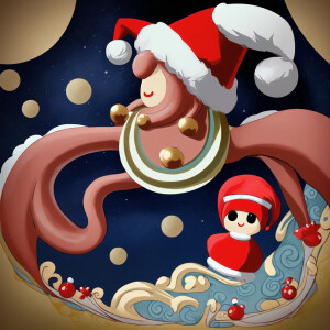 a cute octopus with a santa clause hat in the style of an art de...