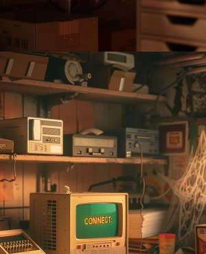 Dusty garage at sunset, shelves cluttered with forgotten vintage...