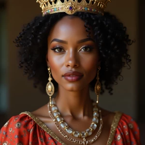 Generate an image of an elegant biracial woman adorned in regal...