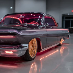 A stunning 64 Chevy impala on Dayton 100 spoke 20 inch gold rims...
