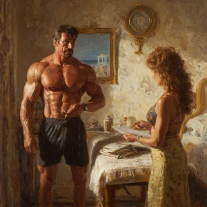 Hyperrealism painting, a muscular Russian man in his beach hotel...
