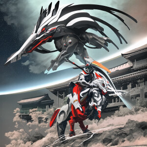 A mythical Japanese god dressed in a high-tech armor, riding a f...