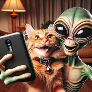 A cat and an alien, taking a selfie together, both smiling to th...