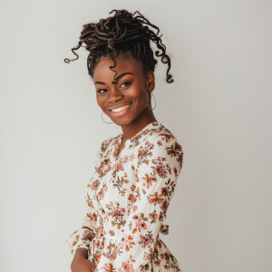 A cute woman

Smiling 

Clothes: Floral Dress

Looks Clean & Mod...