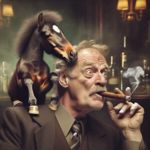 a horse is riding over a man’s shoulder and is smoking a cigar