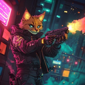 A humanoid cat in a leather jacket is firing rocket launchers du...