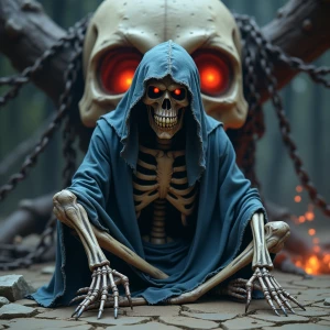 A terrifying skeletal creature with a menacing grin, wearing a t...