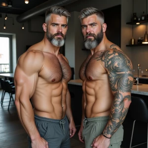 Generate an image of two muscular, towering men, each sporting r...