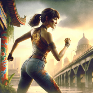 Athletic Thin skinny Attractive, Asian teenage girl, long brown hair and bangs, wearing tight skinny jeans and a halter top paint marks on her clothing, heroic pose Asian graffiti background, backside view