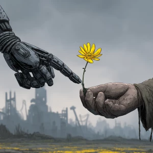 the robot's metal finger touches the yellow petals of the flower...