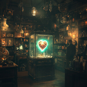Generate a dusty, dimly-lit antique shop with shelves cluttered...