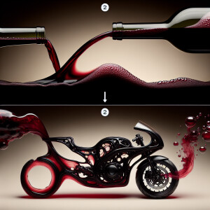 A bottle of wine tilted pouring out the wine, and it starts turn...