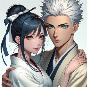 Realistic anime woman with dark blue hair and dark brown eyes we...