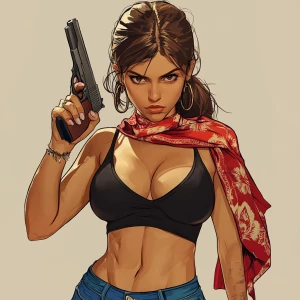 girl with brown hair, thick eyebrows, pumped up lips, potato nos...