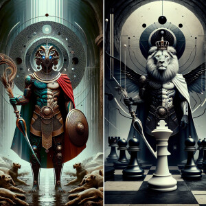 Create an image of a powerful lion in front of a king chess piec...