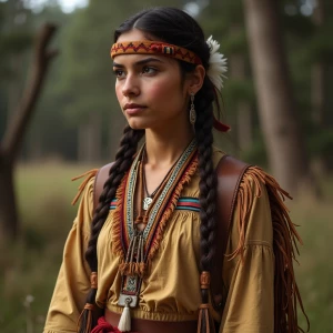 A Native American teen woman, dressed in her tribe's traditional...