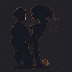 Create an image depicting the silhouette of a curvy woman seated...