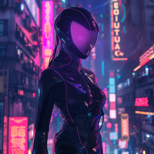 2.	Futuristic Cityscape at Night:
Character: Echo, the Cyber Pha...