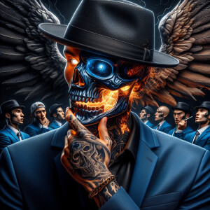 Close-up dark art, detailed winged man with a half skull mask an...