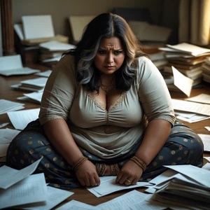 Generate an image of a weary plus sized woman with dark brown wi...