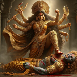 portrait of angry looking goddess durga has her foot on a defeat...