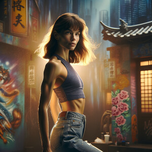 Athletic Thin skinny Attractive, Asian teenage girl, long brown hair and bangs, wearing tight skinny jeans and a halter top paint marks on her clothing, heroic pose Asian graffiti background, backside view