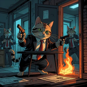 A crime boss cat flipping a table as SWAT-like cats burst throug...