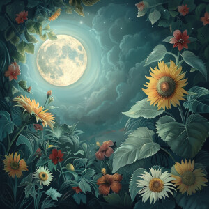 Create a captivating image of a moonlit scene with sunflowers an...