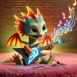 A baby dragon playing the electric guitar on a pink shag carpet.