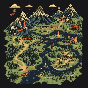 Create a retro-style fantasy map for a pixel art t-shirt design....