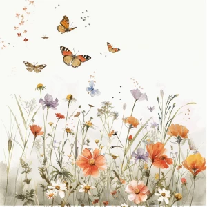 Wildflower field, butterflies flying, in vintage watercolor styl...