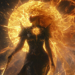 Hyperrealistic, cinematic digital art of Solara, Witch of Solar...