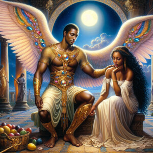 Create an oil painting image featuring a male angel and a grievi...