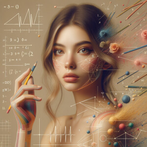 Abstract, minimalist, painting, with pencil line, paint stroke, gestures, colorful marks, mathematical equations, electrical cardiogram, printouts complex math formulas, dna asian teen girl