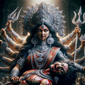 portrait of angry looking goddess durga  carrying a weak mahishasur in her two arms and stabbing him with her amazingly designed trident. She is wearing a huge silver crown, red saree, abundant silver jewelry, covered in blood. The scene is set in ancient India. The image is 8K resolution, cinematic, ultra detailed face and epic.