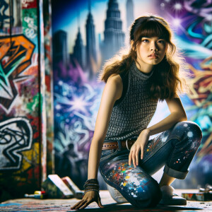 teenage girl, long brown hair and bangs, wearing tight skinny jeans and a halter top paint marks on her clothing, heroic pose Asian graffiti background, nearing on one knee