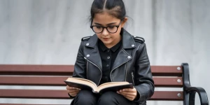 A girl wearing spectacles pants and black leather jacket is sitt...