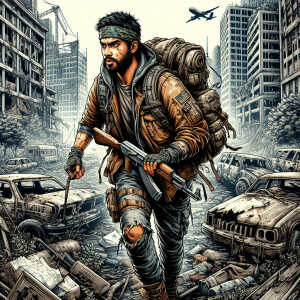 "Depict a rugged survivor, with tattered clothing and a determin...